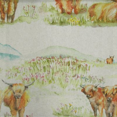 Highland Cattle Printed Linen Fabric Natural